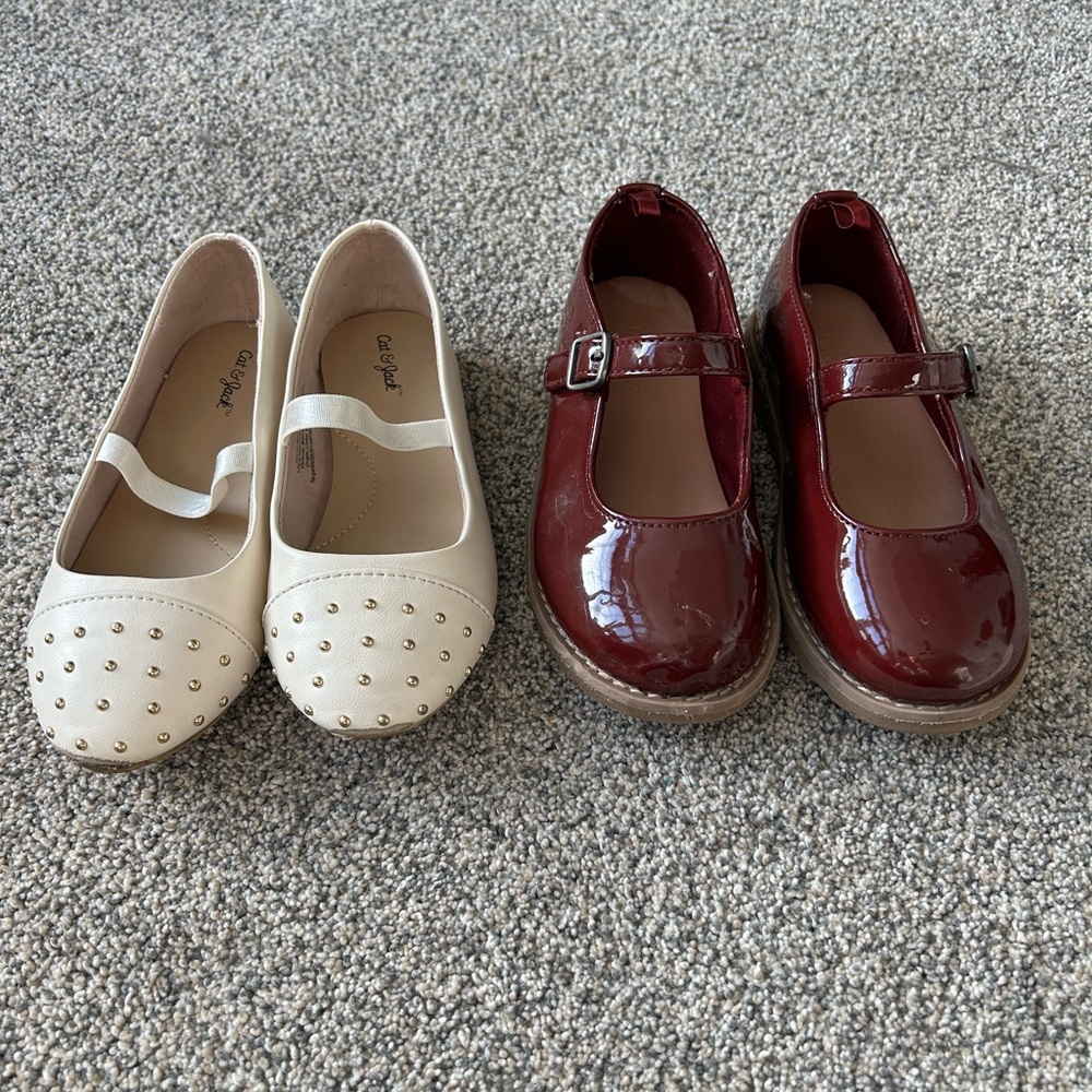 Pair of Old Navy slip on dress shoes-cream studded & burgundy patent